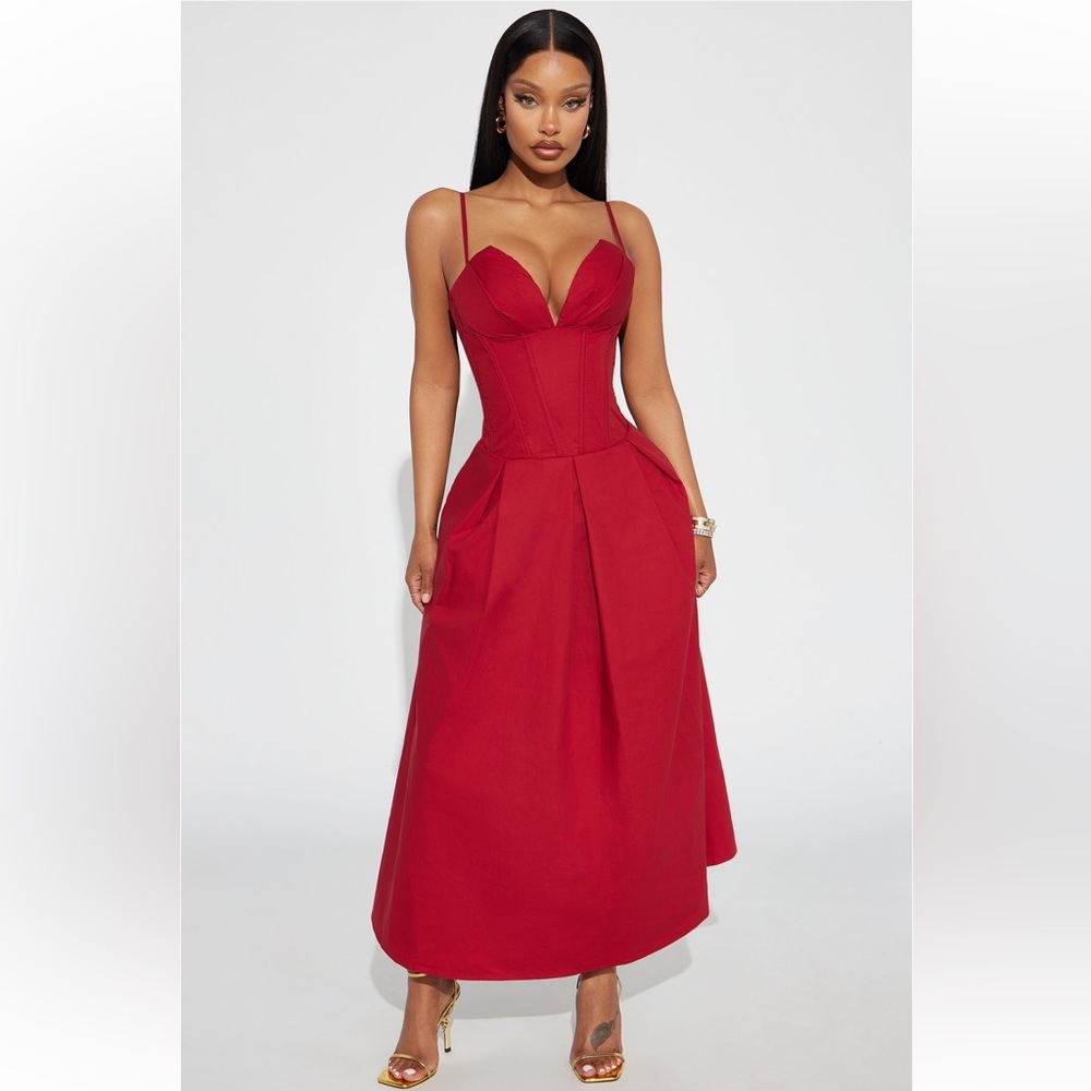 Fashion Nova Estella Corset Poplin Midi Dress - Burgundy